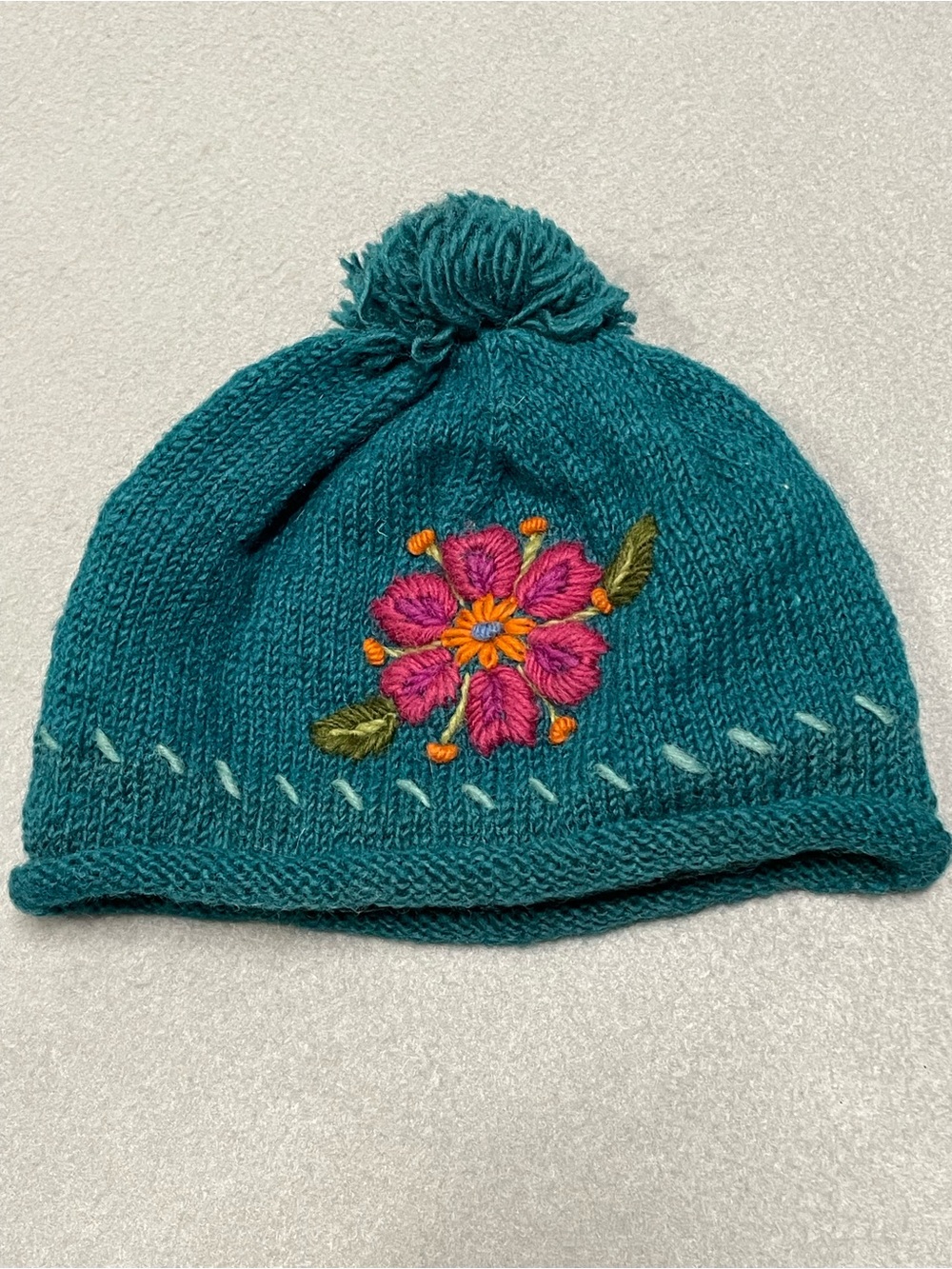 Wool Hand Woven Teal Knit Pom Beanie Fleece Lined Pink Floral Embroidery Boho